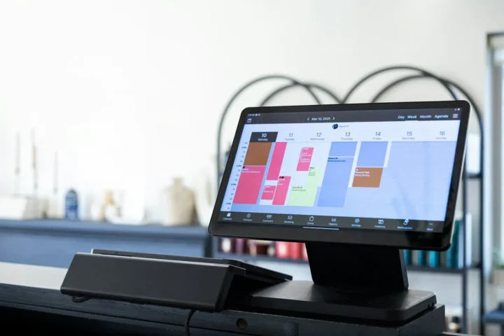 Agenda digital em recepção de salão de beleza