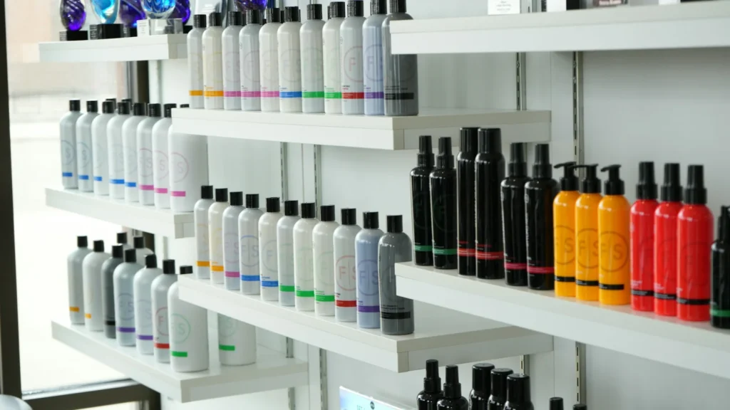 Prateleiras com produtos de cabelo e beleza em salão